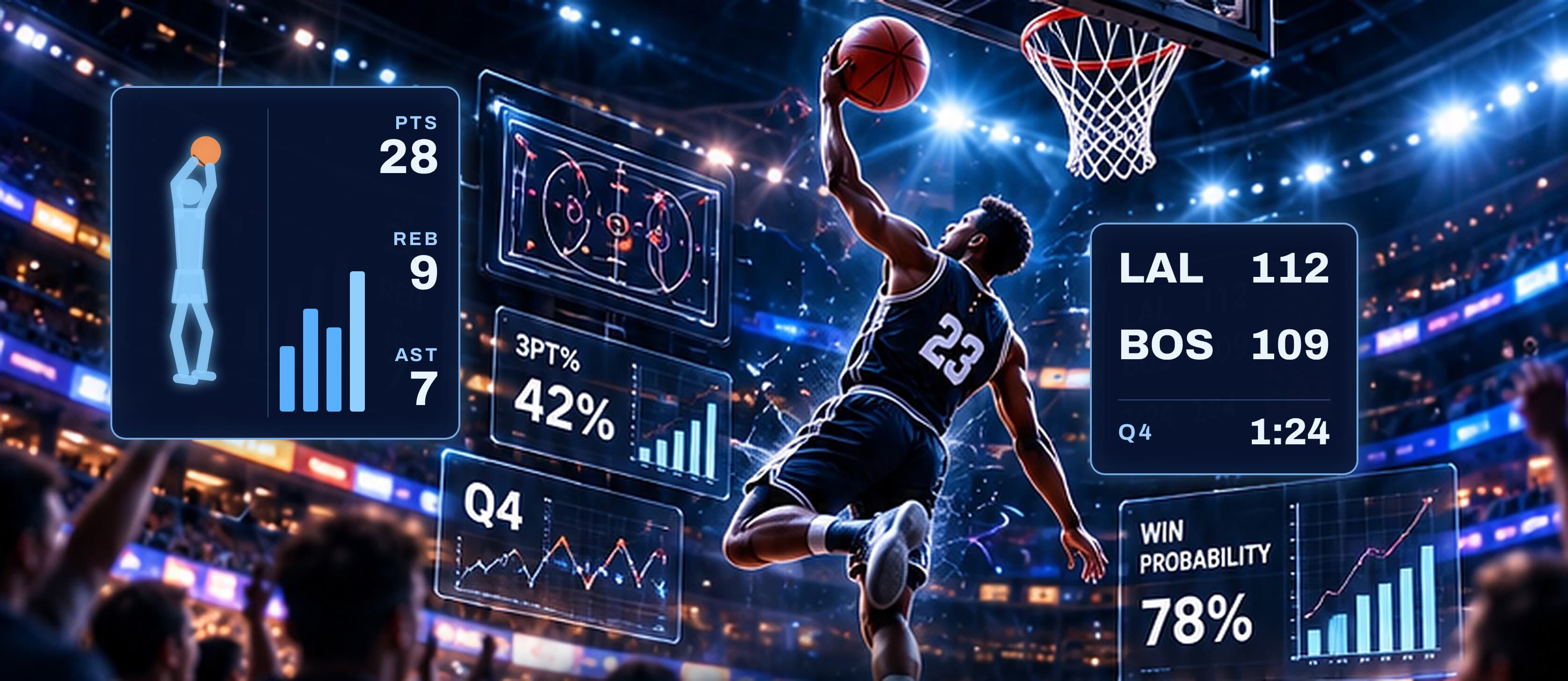 A player rises for a dunk in a packed arena, surrounded by floating live stat panels